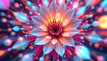 Fototapeta premium A vibrant and intricate flower with petals radiating outwards from a central core. It's set against a vivid background filled with abstract shapes in shades of pink, blue, and orange