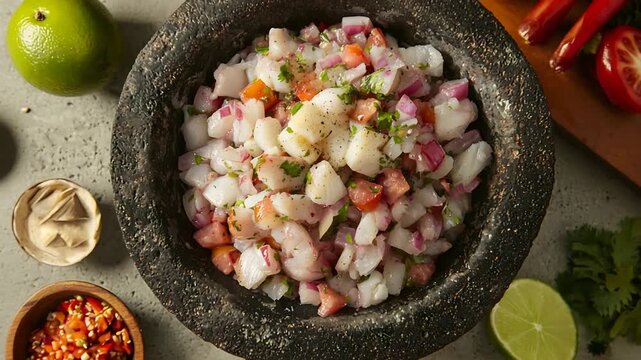 Vibrant Peruvian Ceviche Salad with Fresh Seafood, Lime, Red Onion, and Tomato.