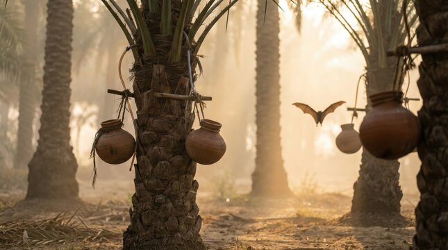 traditional clay jars collecting date palm sap attached to palm trees in a tropical plantation at sunrise with a bat flying in the background