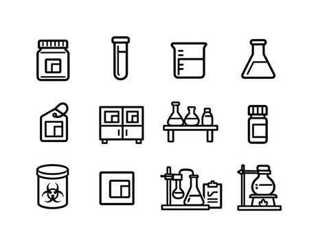 Chemistry Laboratory Elements. Line icon set of Chemistry Laboratory Elements: element sample jar, test tube, beaker, flask, chemical symbol