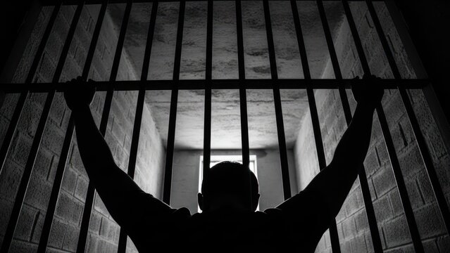 Silhouette reaching for jail bars in a dark, claustrophobic cell