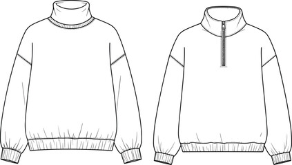 Oversized Women’s Sweatshirt Technical Sketch Set Featuring High Neck Turtleneck and Half Zip Pullover Options for Fashion Design CAD Flat Vector © MdAnowarHossain