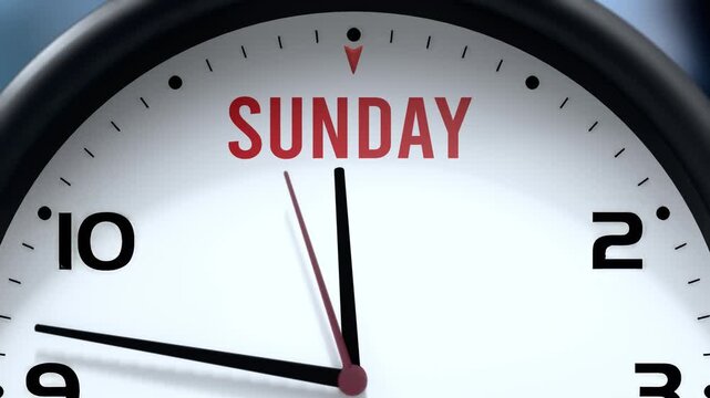 Sunday that is going to happen soon. Upcoming sunday, approaching in the near future. Sunday almost here, in a short time - a clock symbolizes a reminder that sunday is near.