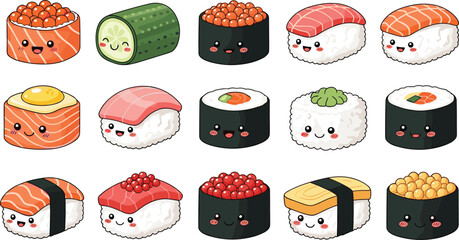 Cute kawaii sushi character collection with salmon tuna roe cucumber rolls and nigiri isolated on white background cartoon food vector illustration set © Mostafijur