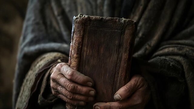 Weathered Hands Gently Cradling an Ancient, Leather Bound Book with Profound Devotion.