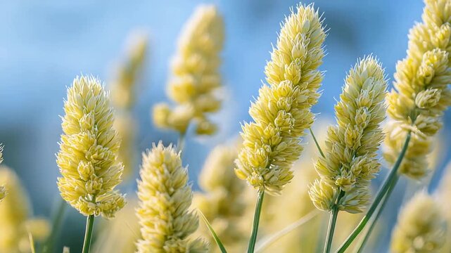 Close up of Golden Fluffy Plants Swaying Gently in Breeze Against a Serene Blue Sky.