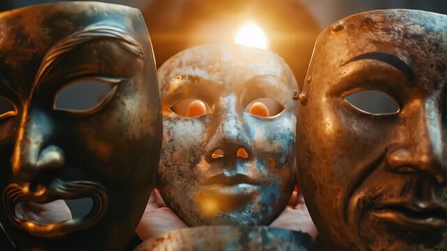 A person holding multiple theater masks in front of neutral background, each mask representing different personality trait