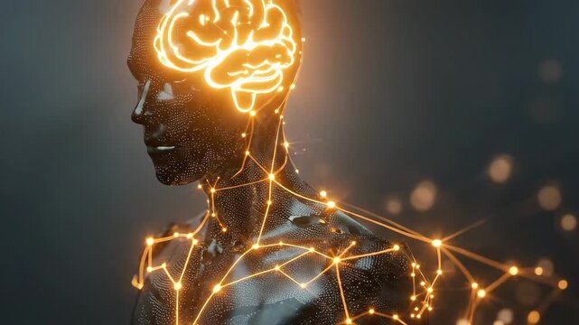 Conceptual video representing multiple sclerosis awareness, human silhouette partially illuminated with subtle neural network light patterns inside the body, clean neutral background