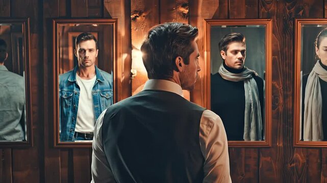 A person standing in front of multiple mirrors, each reflection showing a different personality - one in business suit, one in casual clothes, one in artistic attire