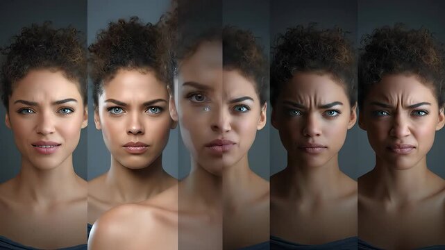Composite portrait showing same person displaying  different emotions side by side - joy, anger, sadness, excitement, calm, seamless blend