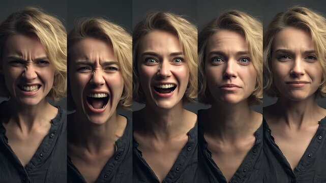 Composite portrait showing same person displaying  different emotions side by side - joy, anger, sadness, excitement, calm, seamless blend