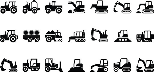 Construction, agriculture, vehicle, tractor, excavator, bulldozer, dump truck, heavy, machinery, industrial, farming, transport, equipment, silhouette, icon, vector, design, symbol, work, set © Hello World