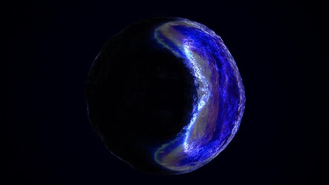 Dark blue planet-like sphere with electric aurora texture and glowing rim light