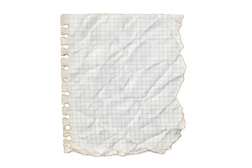 Obraz premium Crumpled grid paper sheet with ripped edges and notebook holes, vintage texture on transparent background