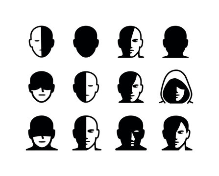Shadowed face. Line icon set of Shadowed face: half-lit face, face in shadow, dramatic light face, silhouette face, shadow across eyes, split