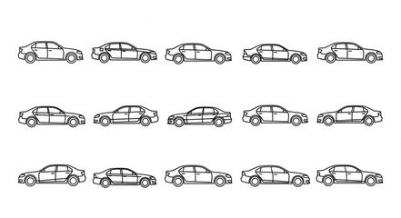 Collection of hand drawn car illustrations in black and white.