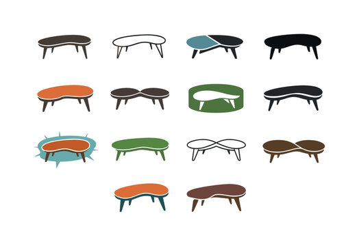 Mid-Century Modern Icons. Mid-century modern furniture and decor. Icon set. Set Logo of Mid-century modern furniture and decor: kidney-shaped coffee table.