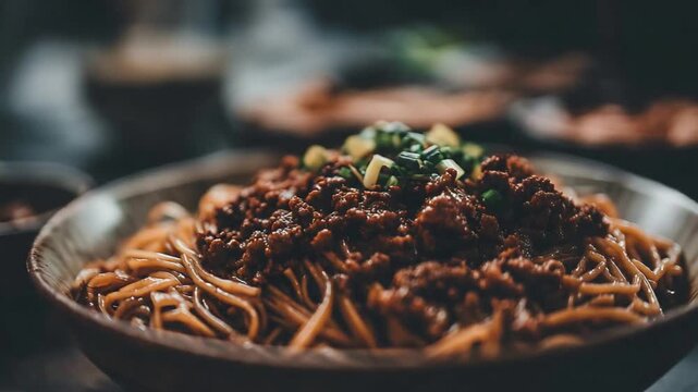 Close up of delicious noodles with savory minced meat and fresh green onions in a rustic bowl.