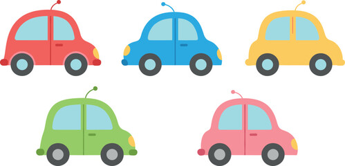Naklejka premium Cute colorful cartoon car icons set with small vehicles side view illustration