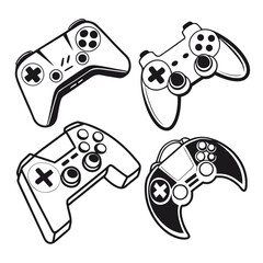 A variety of video game controllers displayed in a circular arrangement. Vector © boi