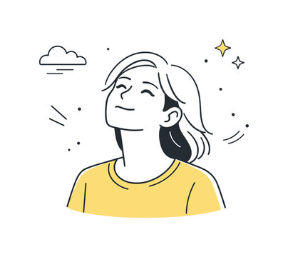 People squinting in bright light. Person looks upward with a gentle squint, sunlight implied without harsh rays. Soft discomfort, warm