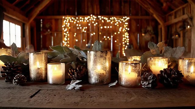 Warm glow of candles, pinecones, and string lights on a rustic wooden table.