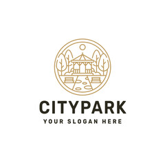Fototapeta premium Minimalist City Park Garden Logo with Gazebo and Trees Silhouette