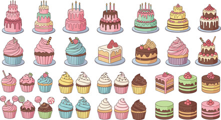 Hand drawn birthday cake and cupcake collection featuring colorful frosted desserts sweets and pastries cartoon vector illustration set © Momota