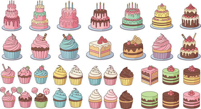 Hand drawn birthday cake and cupcake collection featuring colorful frosted desserts sweets and pastries cartoon vector illustration set