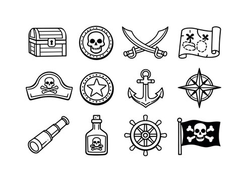 Pirate Treasure. Line icon set of Pirate Treasure: pirate chest, skull coin, crossed swords, treasure map, pirate hat, gold doubloon, anchor,