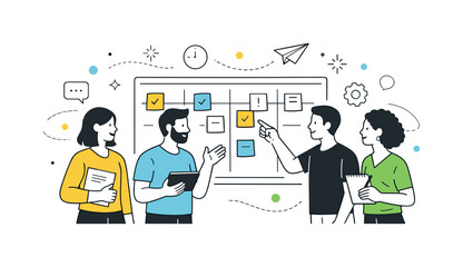 Teamwork in Action. Team planning session. Multiple team members gather around a large task board, discussing assignments and priorities, abstract floating