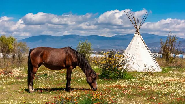 Brown horse grazing peacefully in a vibrant wildflower meadow with a teepee under a blue sky.