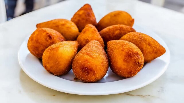 Appetizing Golden Brown Fried Savory Coxinhas Arranged on a White Plate, Delicious Snack or Appetizer.