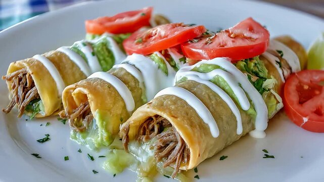 Delicious golden taquitos with savory shredded beef, creamy guacamole, and fresh tomato slices.