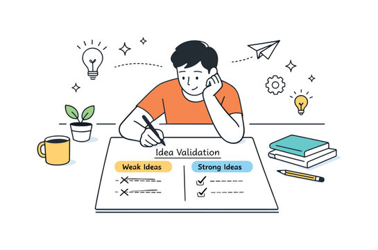 Idea validation note-taking. Individual organizing notes into simple sections, crossing out weak ideas and keeping strong ones. Practical