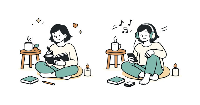 Self-care at home. A relaxed scene shows a person journaling or listening to music in a cozy corner. Warm, quiet feeling with minimal props