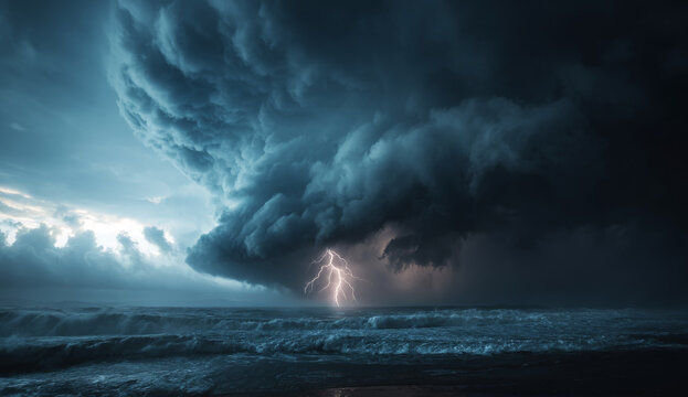 Massive tornado with dark turbulent clouds and bright lightning strikes over ocean during stormy weather