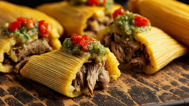 Delicious Authentic Mexican Tamales with Shredded Meat and Fresh Salsa on a Rustic Wooden Board.