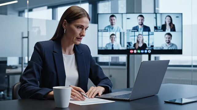 Businesswoman leads video conference with team on screen display. Woman works on laptop during video meeting. Businesswoman manages conference call with team. Video meeting in modern office.