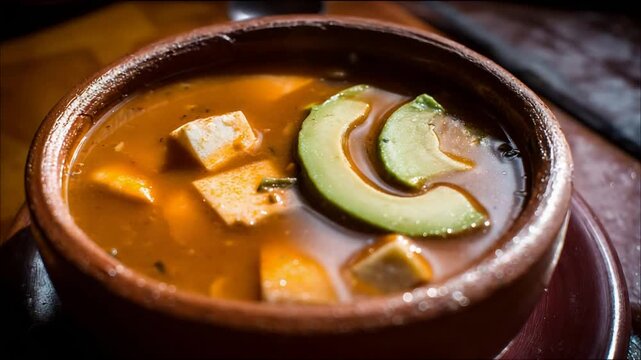 Delicious homemade savory soup in a rustic terracotta bowl with fresh avocado and queso blanco.