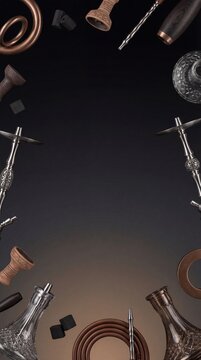 Hookah smoking background with shisha parts, charcoal, clay bowls and hoses on dark gradient surface