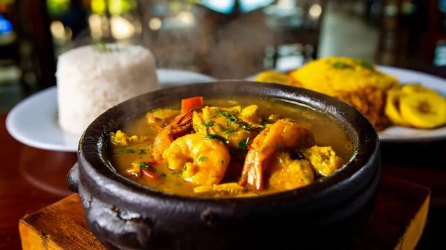 Traditional Brazilian shrimp moqueca steaming in clay bowl with white rice and plantains.