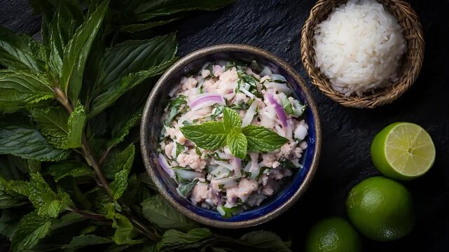Traditional Thai Larb Minced Meat Salad Served with Fresh Mint, Lime, and Steamed Rice.