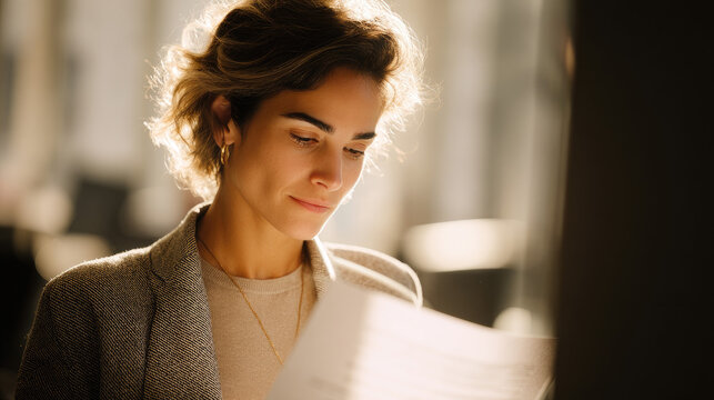 Business professional concentrating on legal papers in a softly lit room