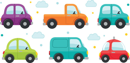 Cute colorful cartoon vehicles set with cars and pickup truck side view illustration © PUTUL
