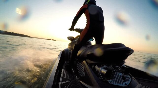Person on a jet ski speeding across the ocean at sunset with water spray.