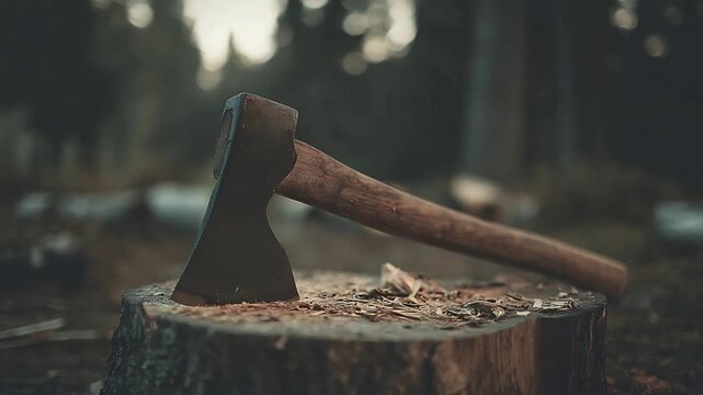 Vintage Wood Chopping Axe Stuck in a Tree Stump Surrounded by Nature.