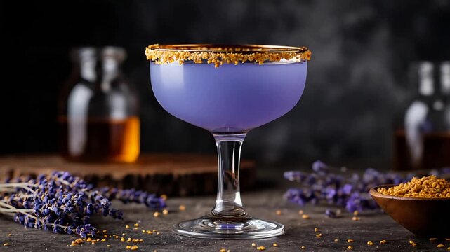 Elegant Purple Lavender Cocktail with Golden Bee Pollen Rim in a Sophisticated Dark Setting.