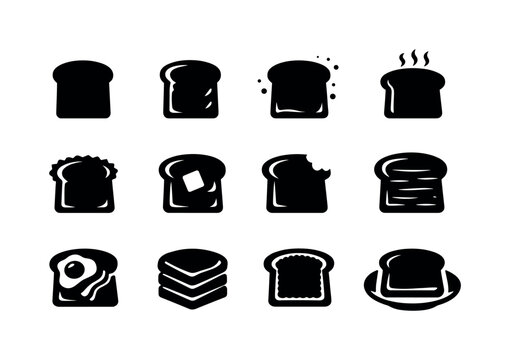 Crispy Toast. Solid icon set of Crispy Toast: toasted bread slice, golden toast, toast with crumbs, toast steam lines, crunchy toast edge,