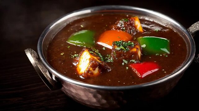 Delicious Indian Paneer Curry with Bell Peppers served in a Traditional Metal Bowl.